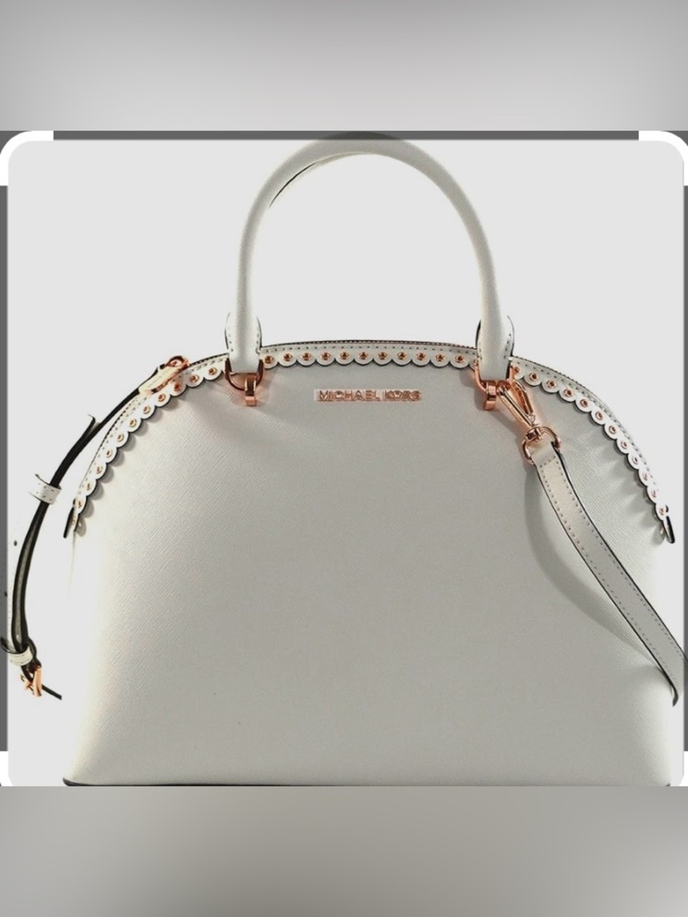 MICHAEL KORS White Dome Satchel with Rose Gold Hardware